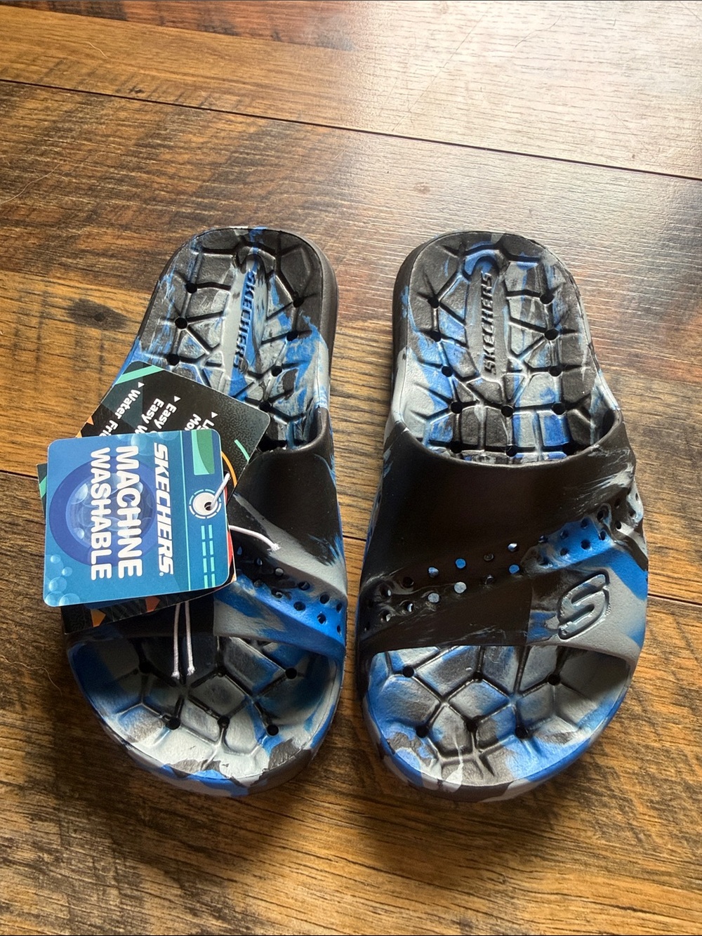 NWT Skechers Kids Black, Blue & Gray Washable Slide Sandals